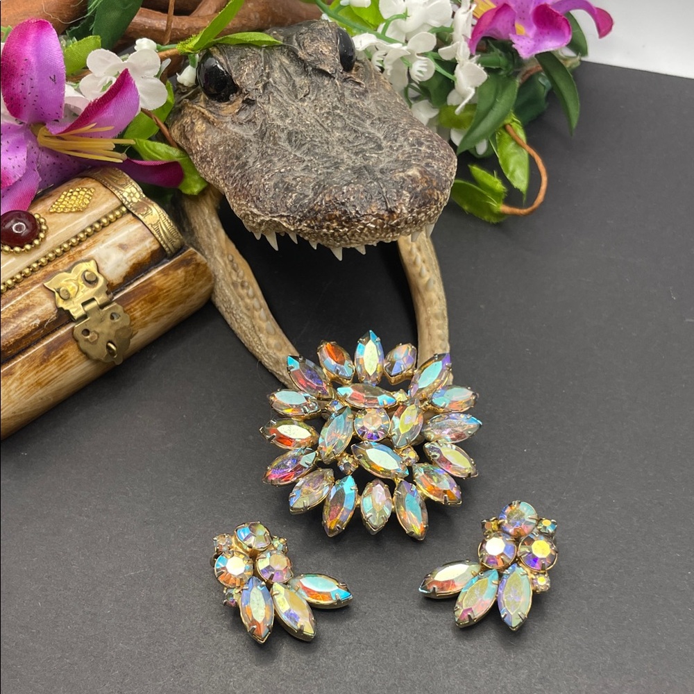 Rhinestone brooch and clip earrings set vintage